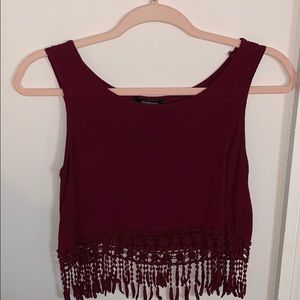 Maroon tank crop top with fringe at the bottom
